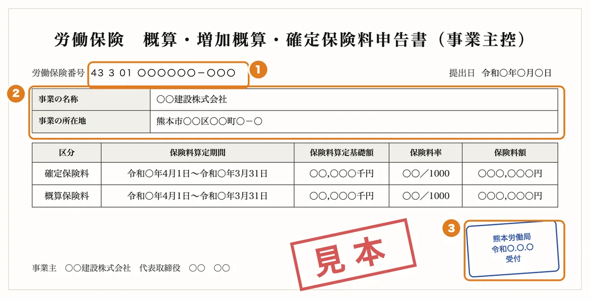 労働保険 概算・確定保険料申告書(事業主控)の見本